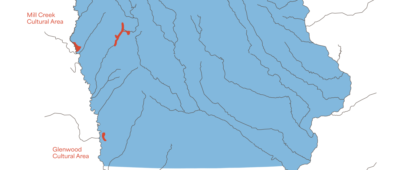 A blue map of Iowa with the rivers shown as black lines. On the top left of the map is an area highlighted in red with the text "Mill Creek Cultural Area" and the bottom left with the text "Glenwood Cultural Area"