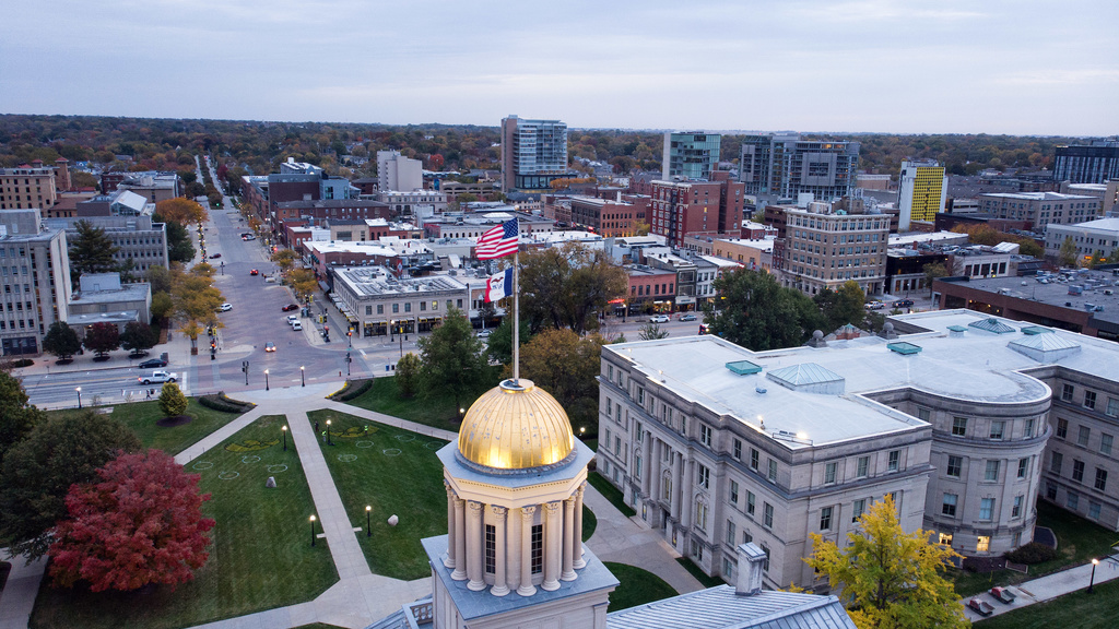 Aerial view of Pentacrest and downtown Iowa City, Fall 2020