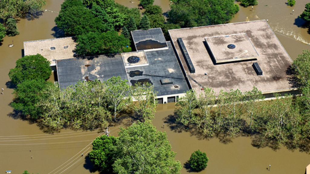 Aerial image of museum in flood waters