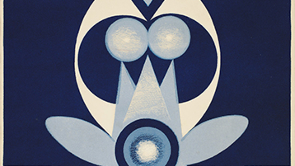 A lithograph print in white and shades of blue which features a deep blue backdrop on top of which a series of symmetrical organic shapes are stacked, creating a sort of tower or abstract plant form.