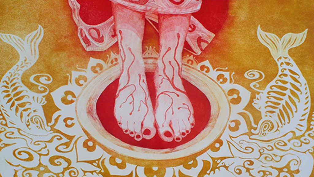 Etching in red and gold, depicting the lower part of a persons legs, with bare feet resting inside of a circle and fish, water, and decorative designs on either side.