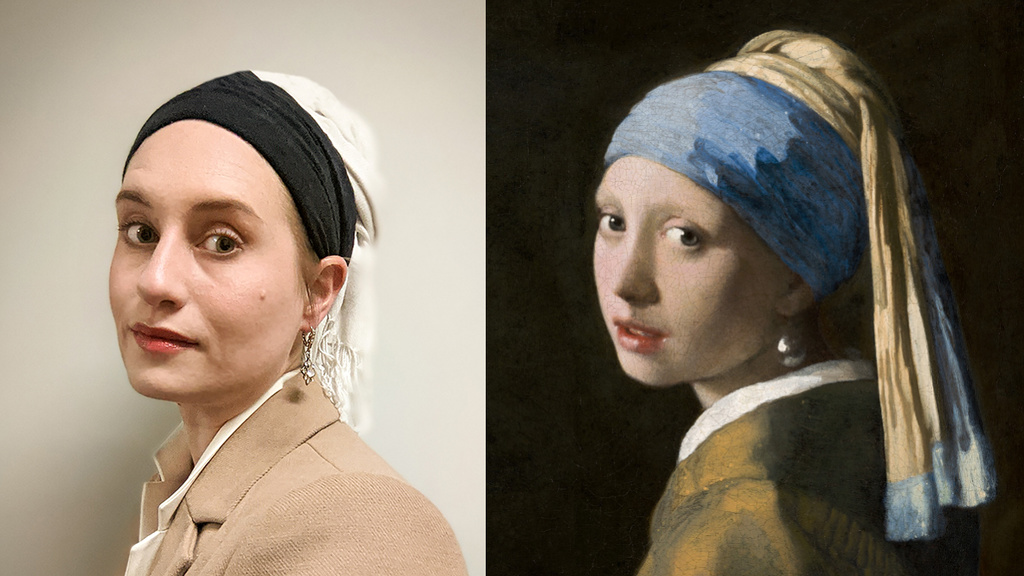 Side by side photo of woman with head scarf and dangling earring next to painting of girl with head scarf and pearl earring