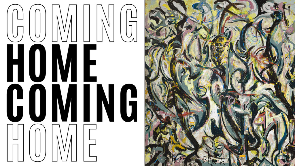 Text reading "Coming Home Coming Home" side by side with the left part of a large abstract painting with swirls of yellow, pink, teal, and light greenish blue, amid longer, vertical, curved black lines that have a quality of dance-like movement.