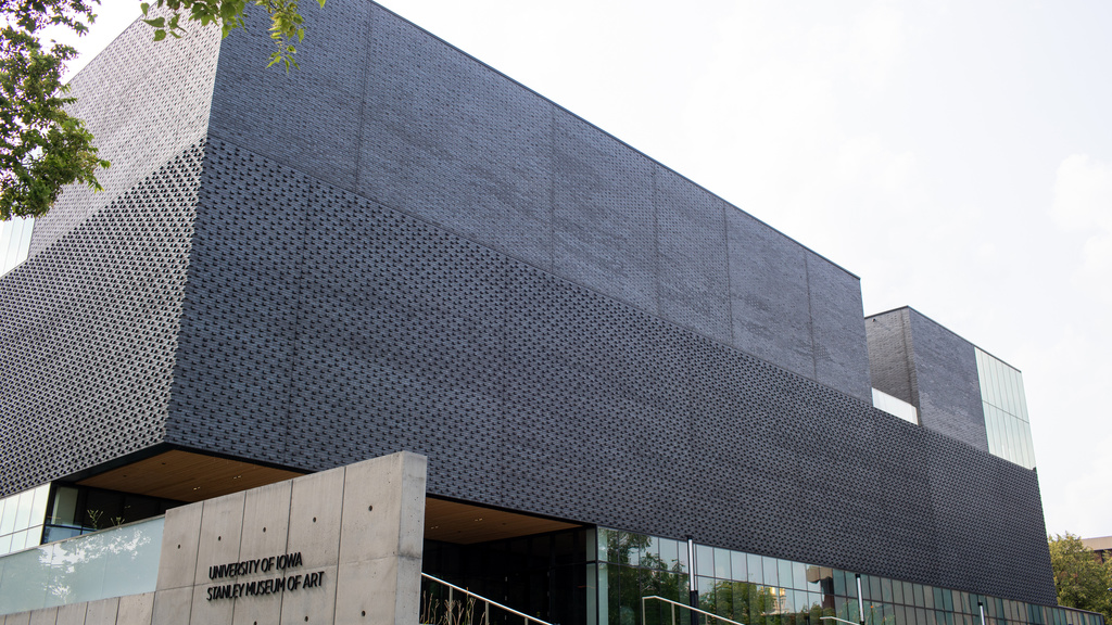 A photo of the Stanley Museum of Art building, taken from the intersection of Burlington and Madison streets.