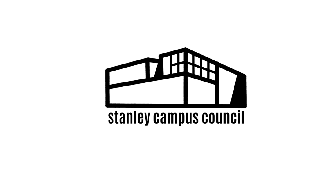 Stanley Campus Council Logo. A black line-art drawing interpretation of the Stanley Museum of Art Building. Below this drawing is an all-lowercase, tightly kerned text that reads "Stanley Campus Council."