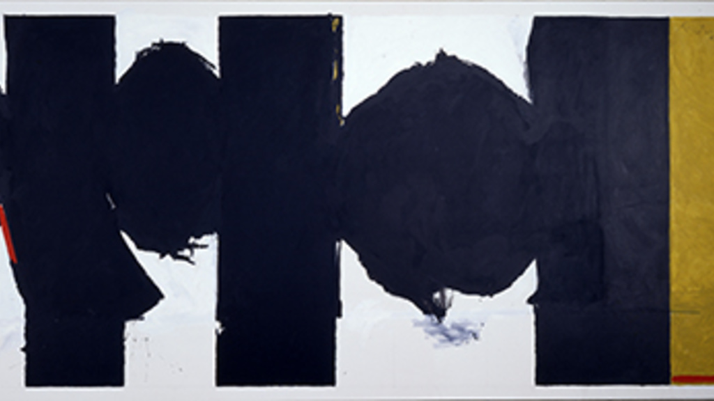 An abstract artwork featuring large black shapes with rough edges, arranged in a sequence against a white background, with hints of yellow and red peeking through the gaps.