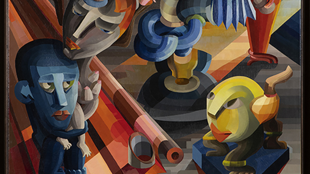 An abstract painting featuring distorted and exaggerated figures resembling chess pieces, set against a vibrant geometric background. The figures exhibit a mix of human and animal characteristics, with one resembling a blue-skinned human holding a cannon-like object, another bird-like with extended wings, a third with orange body and raised wings, and a fourth resembling a yellow-skinned feline creature. The dynamic composition creates an intriguing atmosphere.