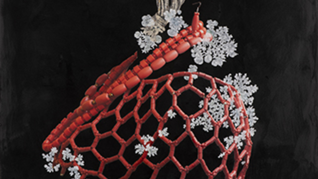 A detailed artwork of a red coral structure with intricate white blossoms, set against a dark background. The coral branches out in various directions, creating an asymmetrical yet balanced visual effect.