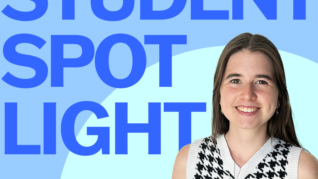 A graphic with the words "Student Spotlight" in shades of blue surrounding a photo of Annelies, smiling in a sweater vest.