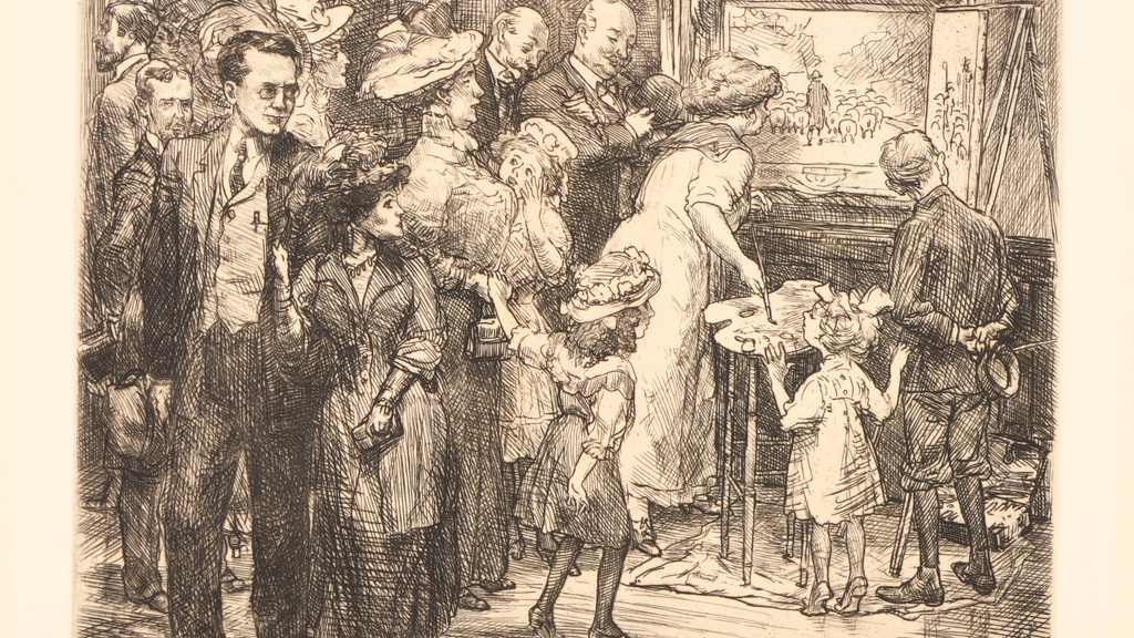 Print of a group of people standing by a window looking out. A prominent male figure stands in the foreground, accompanied by a woman, casually glancing at the crowd.