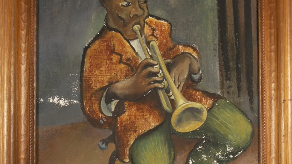 Painting of a figure is a bright red coat and green trousers playing a trumpet