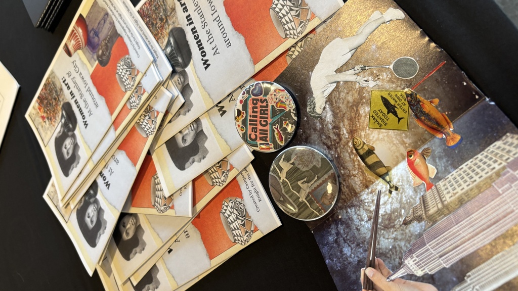 Example collages, buttons, and pamphlets about women in art