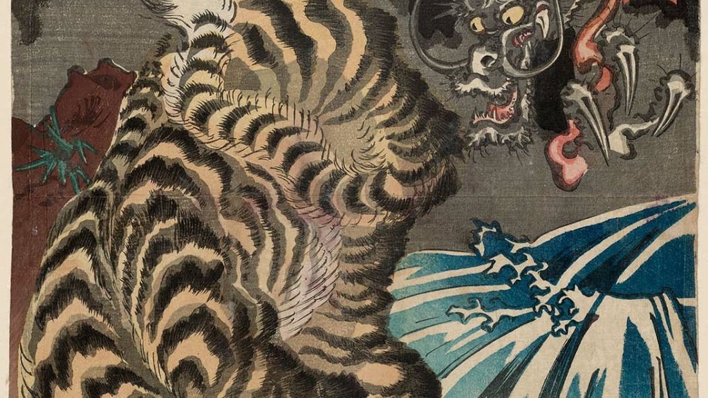A traditional Japanese print depicting a dragon and tiger confrontation