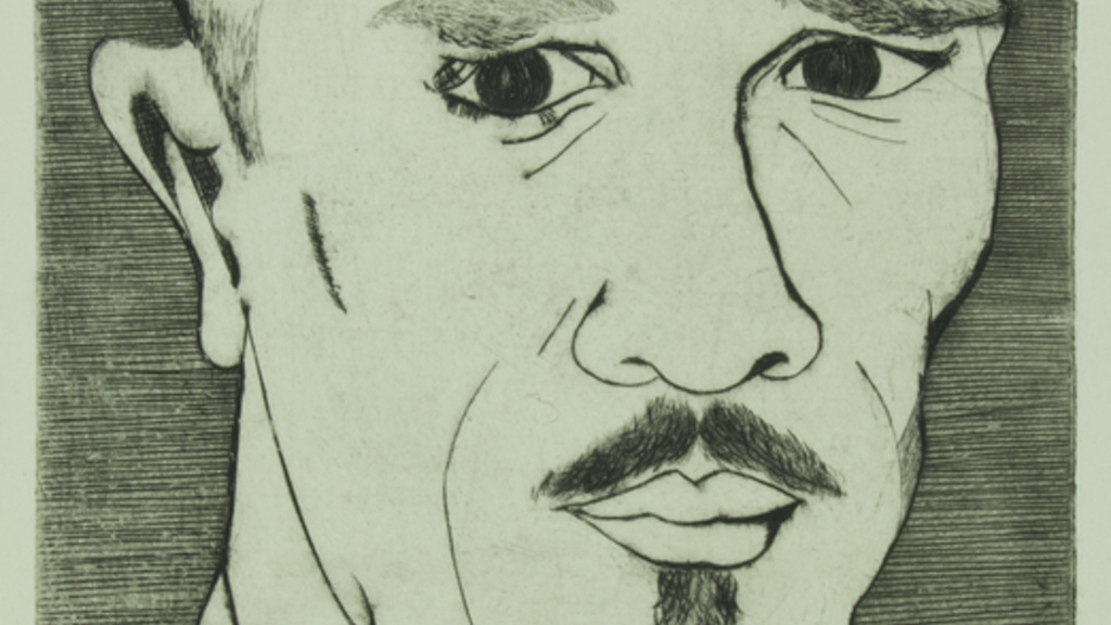 Black and white etching of a man with a thin mustache and goatee, shown from the shoulders up. He wears a white shirt and black tie, set against a dark background with visible linear etching.
