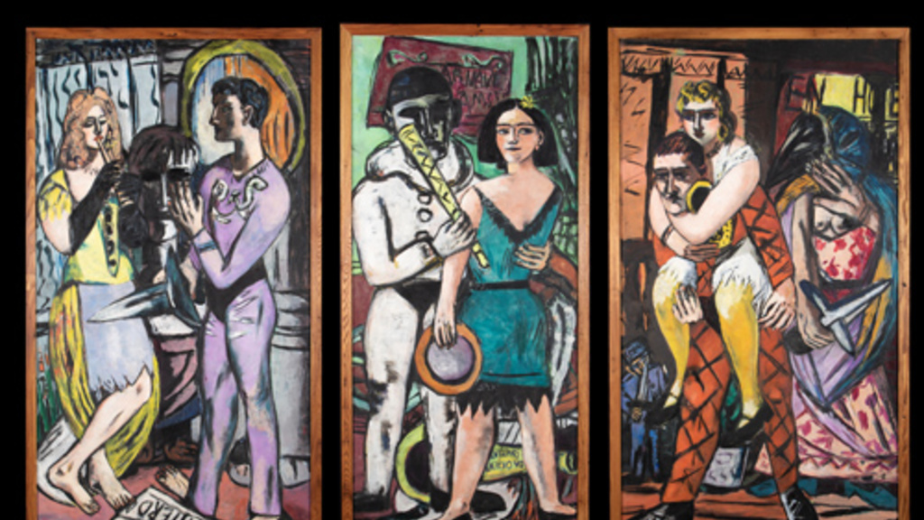 Left panel: Person in a yellow dress stands with one leg crossing the other plays a flute next to a figure in a purple outfit holding a knife. Center panel: Person in a black and blue dress almost embraces a figure in a black and white clown costume who holds a long cylinctircal object like a horn.  Right panel: Tired looking harlequin carries a jewelry-clad person on their back while a bare-chested,  bird-headed character and tiny figure in blue, both weilding knives, look on.
