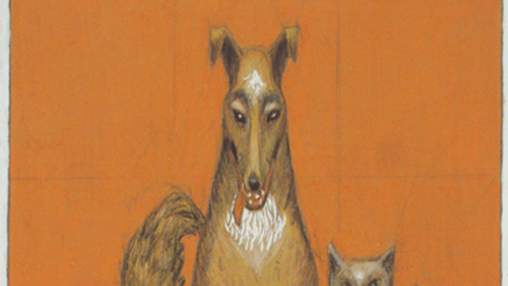A group of animals (hen, chick, dog, cat, squirrel) drawn against an orange background.