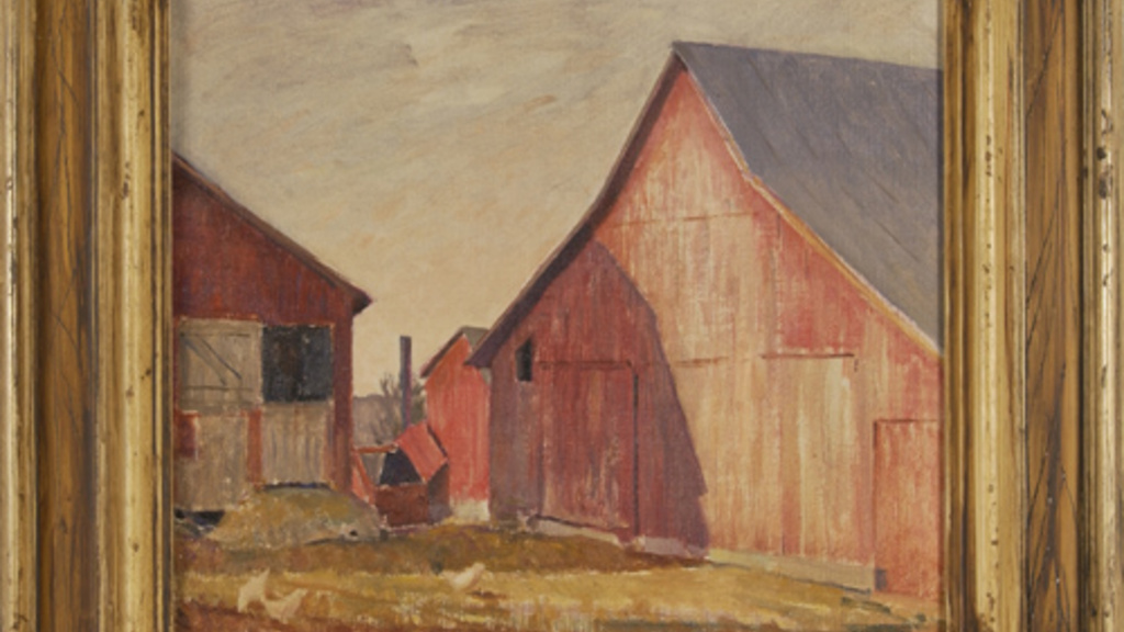 Painting of the gabled end of a red barn with peeling paint.
