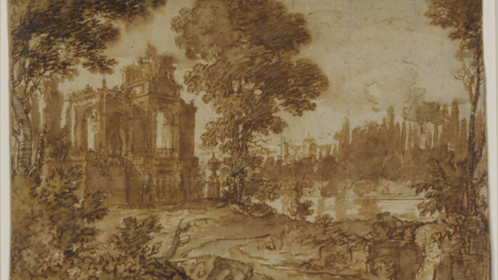 Drawing of a landscape in sepia tones, with trees, a lake, and castle like structure center left