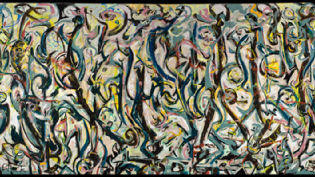 A large abstract painting with swirls of yellow, pink, teal, and light greenish blue, amid longer, vertical, curved black lines that have a quality of dance-like movement.