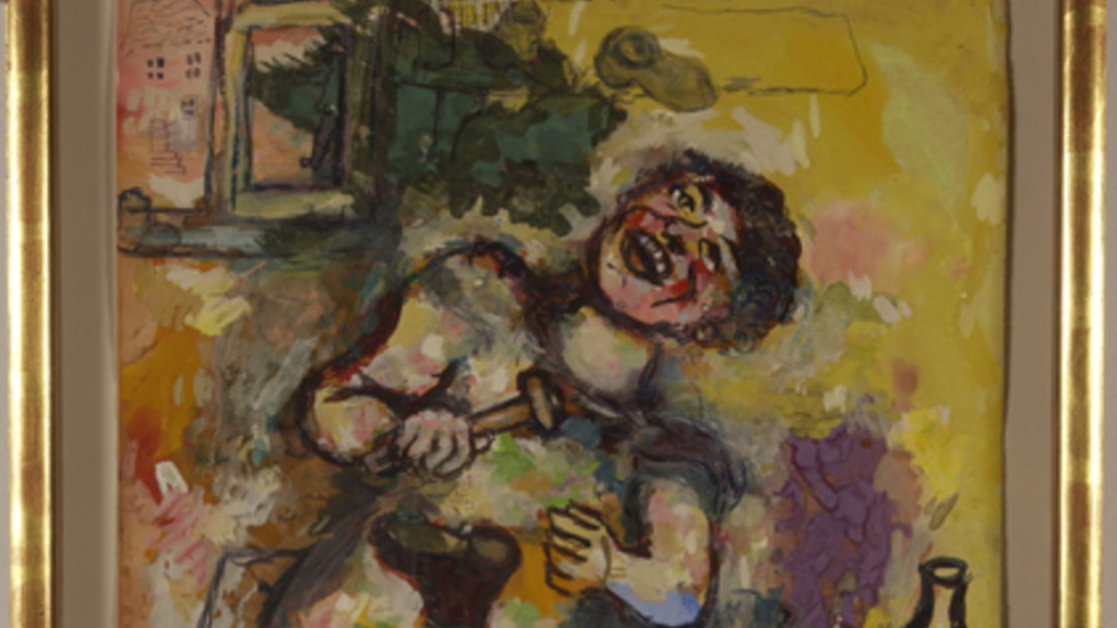 A joyful looking person painted with a strong black outline and modeled strokes of yellow, orange, green, blue, and purple appears to be dancing as they mend a boot with a hammer. A pink house is visible outside a window in the top left.