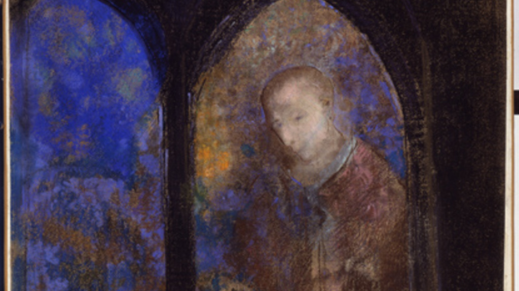 An oil pastel drawing of two stained glass window in a dark room, one of which extends off the edge of the drawing. The central window shows a blured figure in brown, while the other is primarily blue.