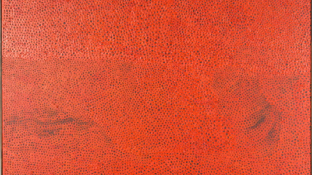 A textured red painting with slight hints of a darker background showing through.