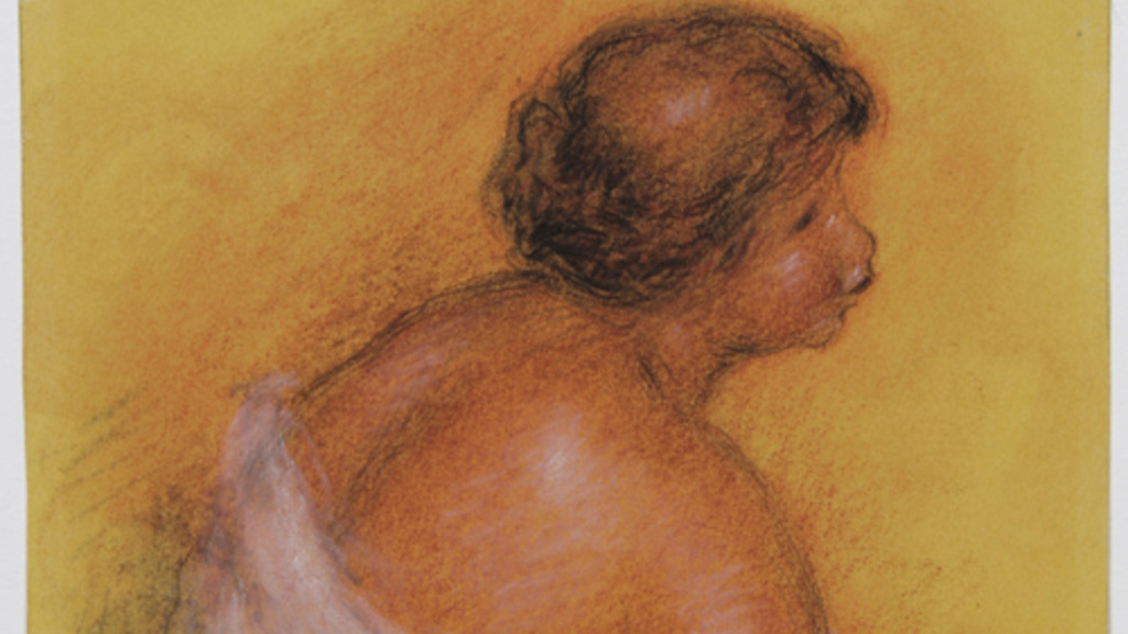 A drawing on yellow paper of the bare shoulders, upperback, and face of a woman in near profile. There is the suggestion of a draped white cloth over her body.
