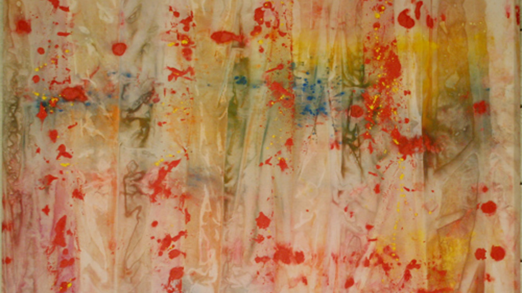 Splattered red paint over a cream, creased looking background with hints of blue and yellow.
