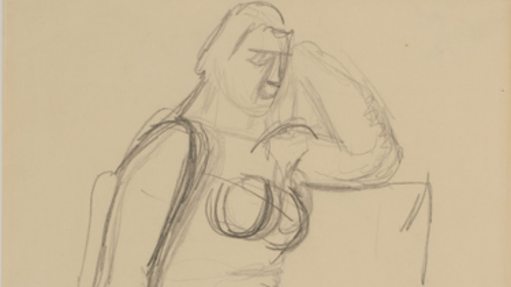Blocky pencil sketch of a seated female figure with legs to the side, one knee up, and torso angled forward.