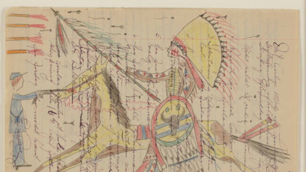 colored pencil drawing of a Sioux warrior mounted on a horse wearing a feathered war bonnet, he is advancing on a soldier dressed in blue