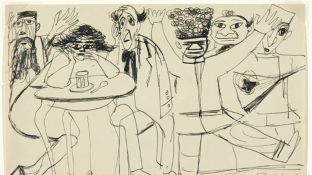 Ink drawing of several expressive people in a café. Two people at a table appear overwhelmed as others dance and play music around them. “Café Royal” is written in the lower right.