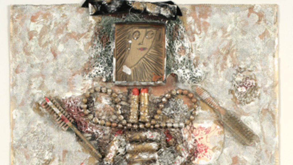A human figure composed of found objects including lipstick tubes, jewelry, and hairbrushes, all smeared in white paint.
