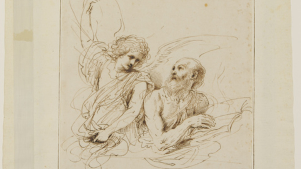 Drawing of an angelic figure with wings raising one hand and pointing to the sky, next to a person with a beard who looks upward.