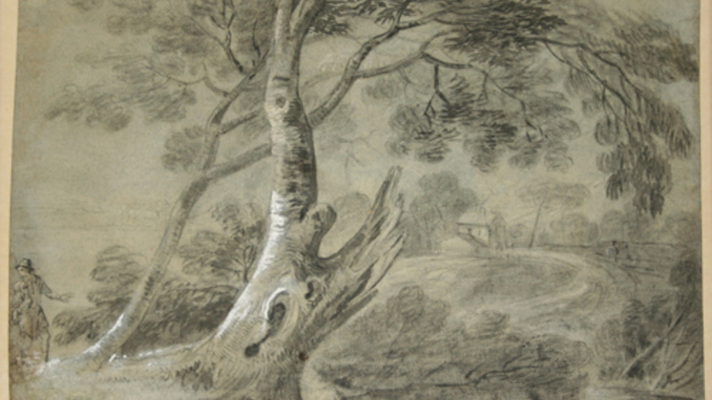 Chalk drawing of trees arching over a body of water. Tree in foreground has one branch broken off. A figure on far left motions towards the tree.