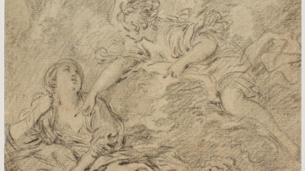 Drawing of an angel with wing, curly hair, and flowing robes in the sky leaning down and touching the chest of a woman who is lying next to a small sleeping child.