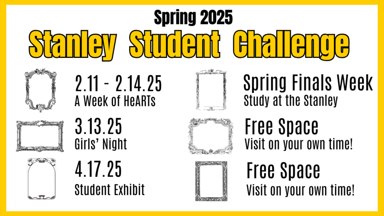The Stanley Student Challenge card for spring 2025, detailing six opportunities to get the card stamped.