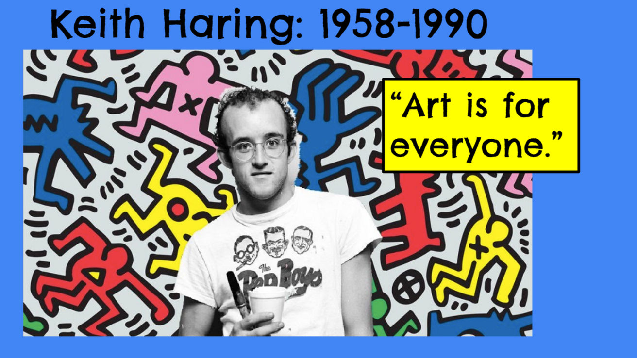 Black and white picture of a person overlayed on a colorful drawing background
