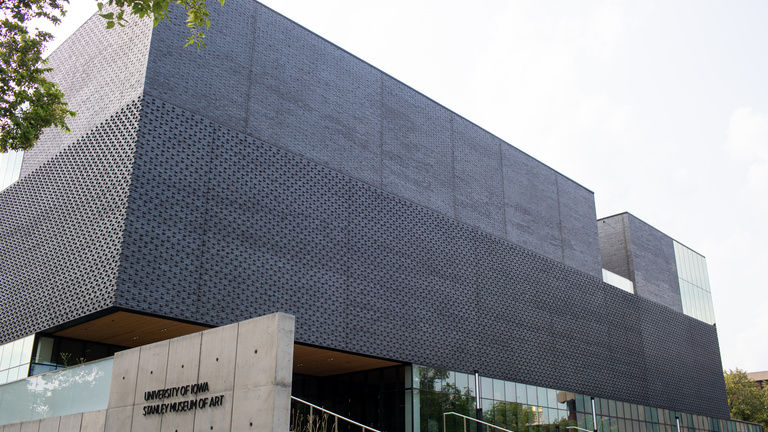 A photo of the Stanley Museum of Art building, taken from the intersection of Burlington and Madison streets.