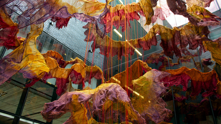 An installation shot of Nnenna Okore's installation "Spirit Dance" in the Stanley Museum of Art lightwell.