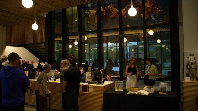 Visitors in the museum lobby
