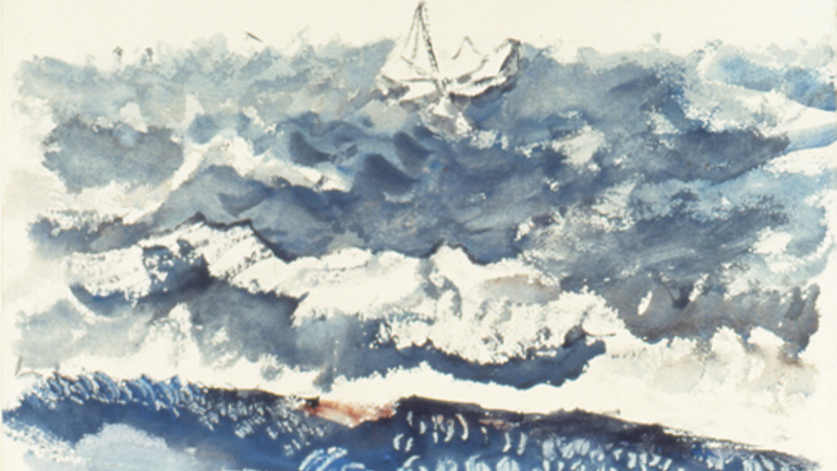 A watercolor painting in blue and white of a turbulent ocean with a sailboat visible on the horizon towards the center back.
