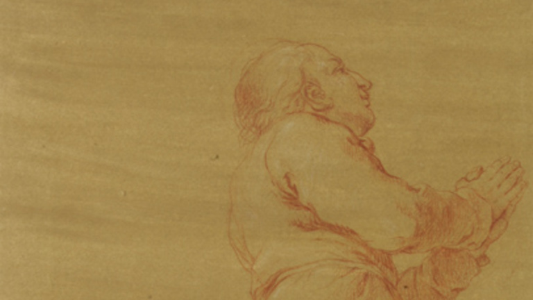 Red chalk drawing on yellowed paper of a person seen from below who is kneeling with hands together and raised.